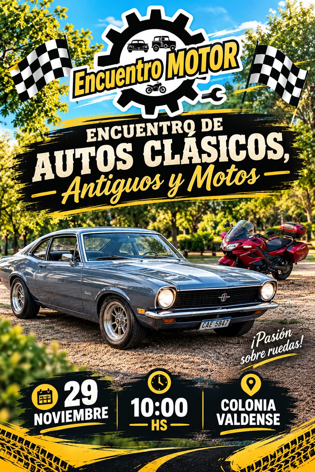 Afiche del Encuentro Motor con un auto clásico, una moto y un jeep sobre fondo gris, junto al logo de la actividad