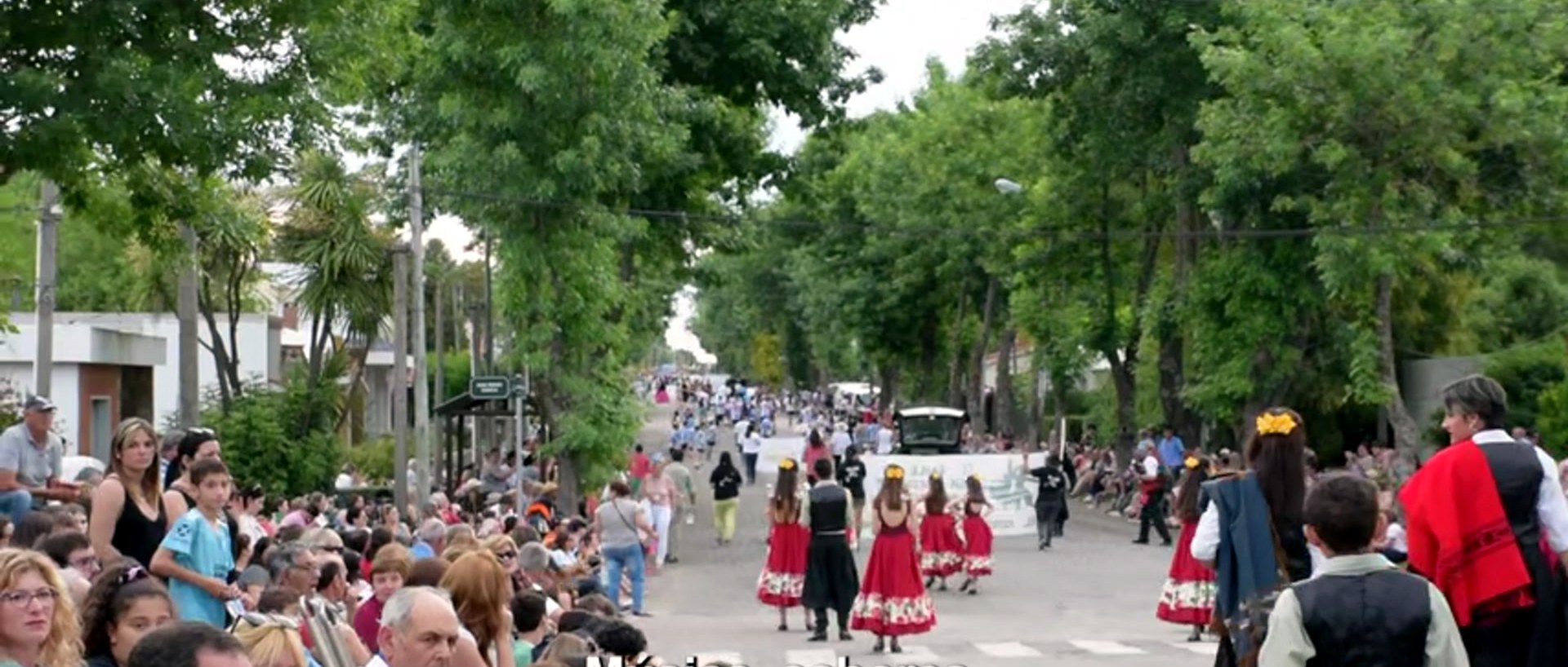 Calle bordeada de árboles colmada de familias sentadas a ambos lados mirando el desfile